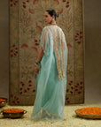 Teal Blue Thread Tassle Cape Paired With Metal Embellished Bustier And Drape Skirt