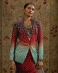 Red Blue Ombre  Print Embellished Blazer Paired With Drape Skirt