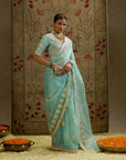 Teal Blue Orangza Embellished Saree Paired With Embellished Blouse