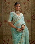 Teal Blue Orangza Embellished Saree Paired With Embellished Blouse