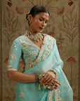 Teal Blue Orangza Embellished Saree Paired With Embellished Blouse