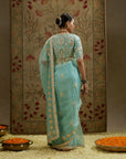 Teal Blue Orangza Embellished Saree Paired With Embellished Blouse