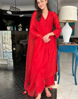 Red Silk Chanderi Patra Embellished Kurta Set