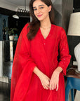 Red Silk Chanderi Patra Embellished Kurta Set