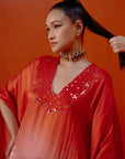 Red Ombre Mirror Embroidered Kaftan Set