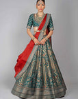 Emerald Green Embroidered and Foil Printed Lehenga Set