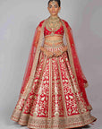 Red Embroidered and Foil Printed Lehenga Set