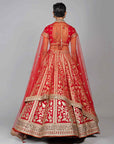 Red Embroidered and Foil Printed Lehenga Set