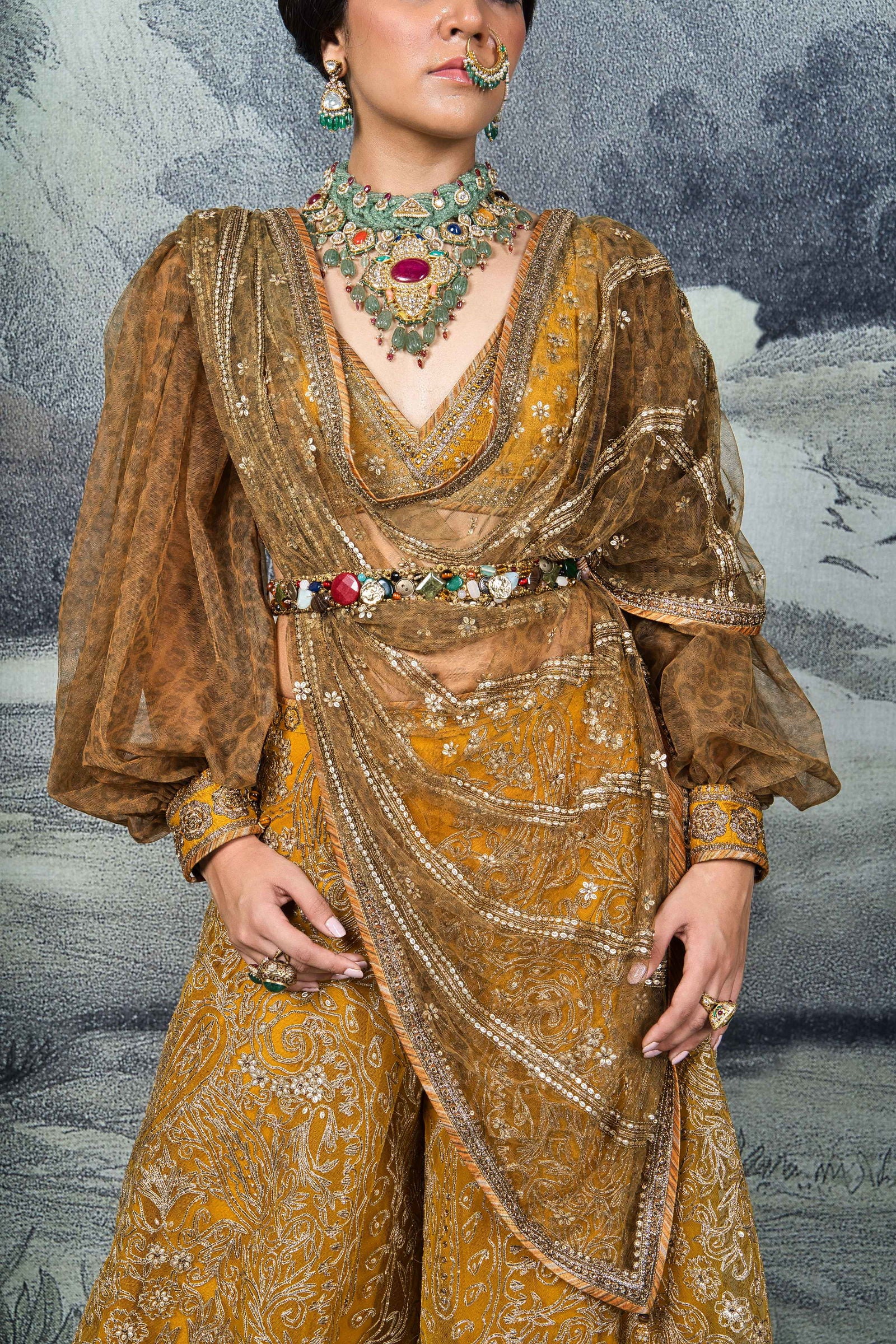 Dark Yellow Embroidered Sharara Set