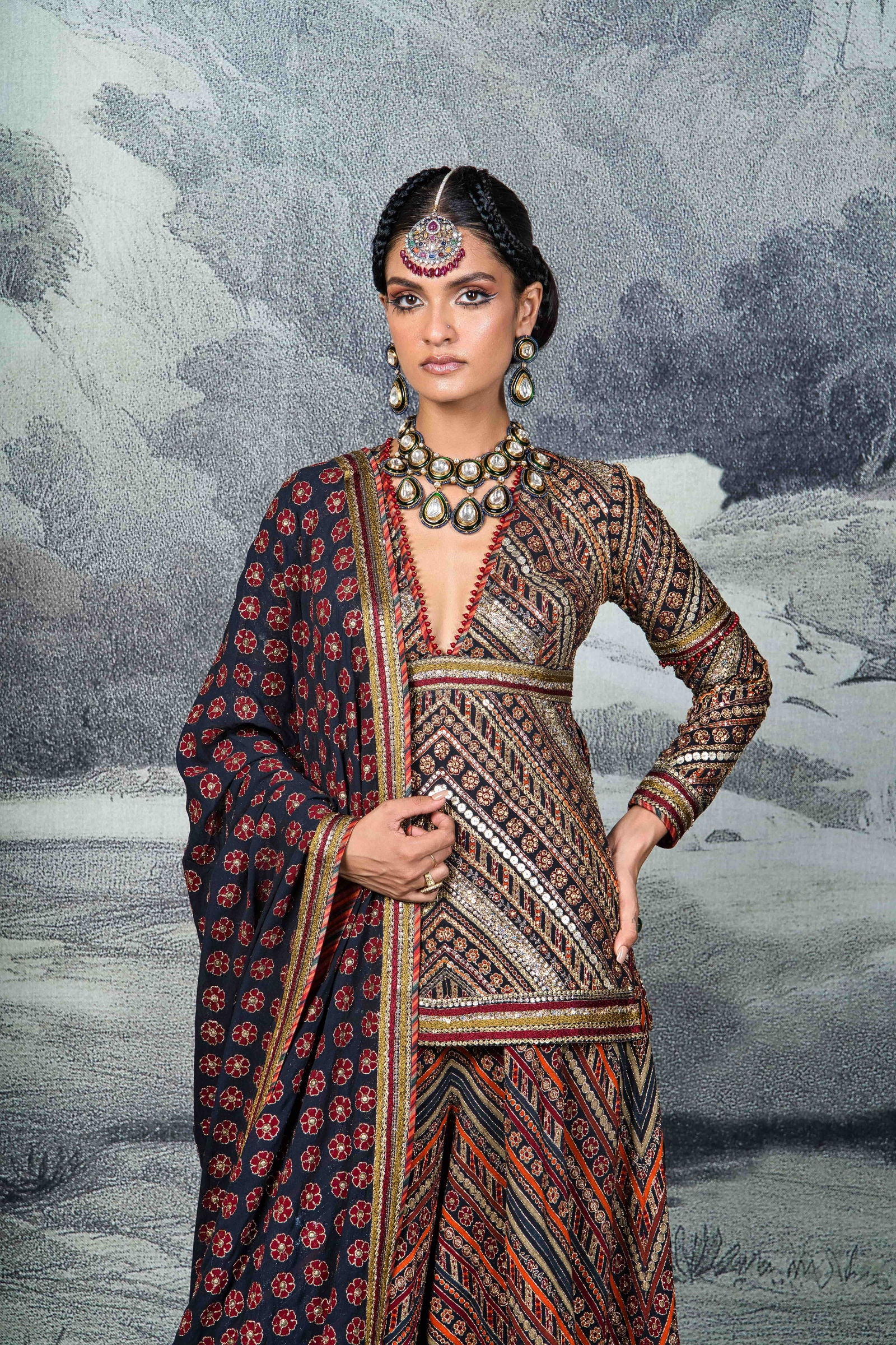 Black Printed And Embroidered Sharara Set