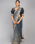 Blue Ombre Printed and Embroidered Saree Set