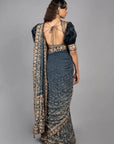 Blue Ombre Printed and Embroidered Saree Set