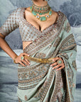 Green Printed And Embroidered Saree Set