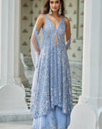 Blue Mirror Work Jacket Sharara Set Full