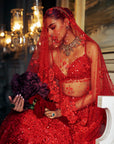 Red three-dimensional Floral Lehenga Set