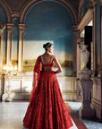 Red three-dimensional Floral Lehenga Set