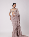 Ash Pink Georgette Frill Saree Set