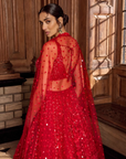 Red Floral Sequin Lehenga Set