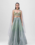 Metallic Fluted Tulle Printed Skirt with Bustier