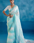 Aqua Blue Silk Organza Hand-Painted Leheriya Saree