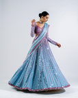 Ice Blue Linear Drop Lehenga With Metallic Blouse