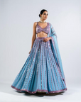 Ice Blue Linear Drop Lehenga With Metallic Blouse