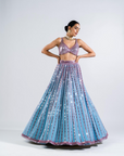 Ice Blue Linear Drop Lehenga With Metallic Blouse