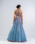 Ice Blue Linear Drop Lehenga With Metallic Blouse