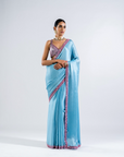 Ice Blue Satin Chiffon Saree Set