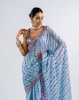 Ice Blue Heavy Mirror Work Saree With Metallic Blouse