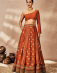 Rust Foil One Shoulder Lehenga Set