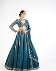 Dark Teal Flower Linear Lehenga Set