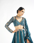 Dark Teal Flower Linear Lehenga Set