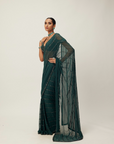 Dark Jade Green Crystal Linear Embroidered Saree