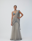 Crystal Grey Sequin Scattered Pre Draped Saree Set