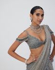 Crystal Grey Sequin Scattered Pre Draped Saree Set