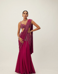 Ruby Red Pre Draped Crystal Embellished Saree Set