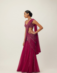 Ruby Red Pre Draped Crystal Embellished Saree Set