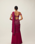 Ruby Red Pre Draped Crystal Embellished Saree Set