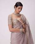 Ash Pink Hand Embroidered Organza Saree Set