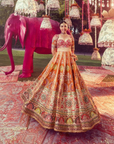 Orange Silk Embroidery Floral And Peacock Motif Lehenga With Blouse