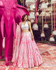 Pink Lehenga And Blouse Peacock Thread Embroidered Bridal Set