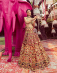 Wine Silk Embellished Mirrorwork Sweetheart Floral Bridal Lehenga Set