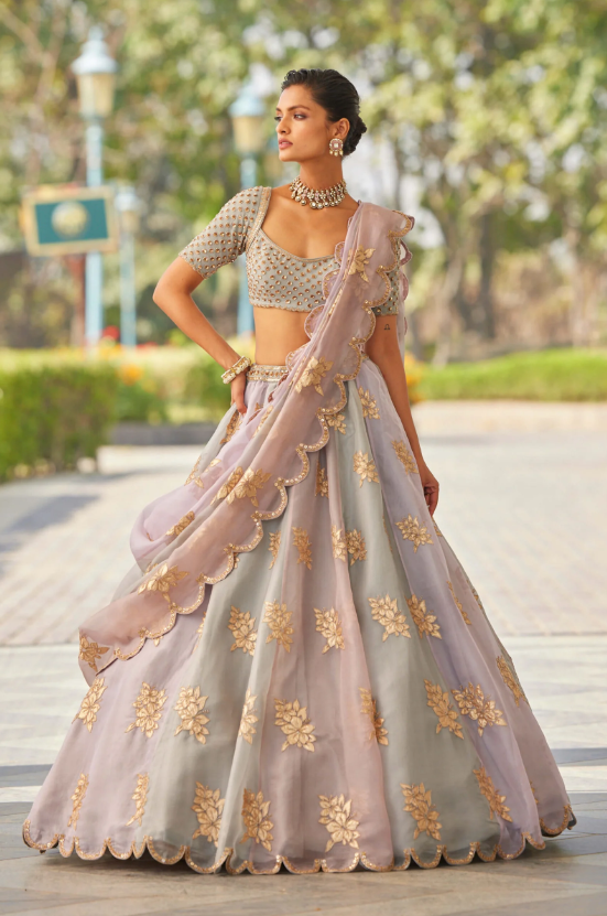 Powder Grey Multicolor Flower Lehenga Set - Ready to Ship