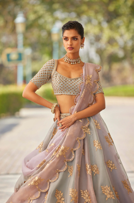 Powder Grey Multicolor Flower Lehenga Set - Ready to Ship