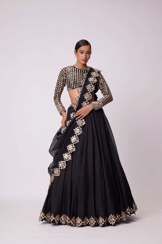 Black Organza Mirror Embroidered Lehenga Set - Ready to Ship