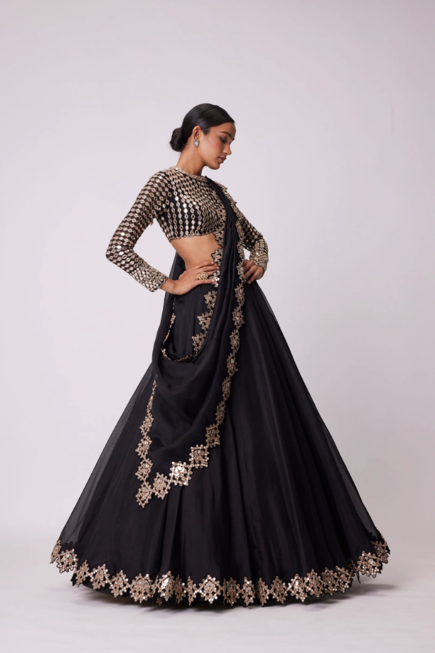 Black Organza Mirror Embroidered Lehenga Set - Ready to Ship