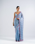 Ice Blue Heavy Mirror Work Saree With Metallic Blouse