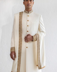 Ivory Tussar Silk Embroidered Sherwani Set - Ready To Ship