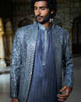 Steel Grey Mirror Work Open Jacket Set